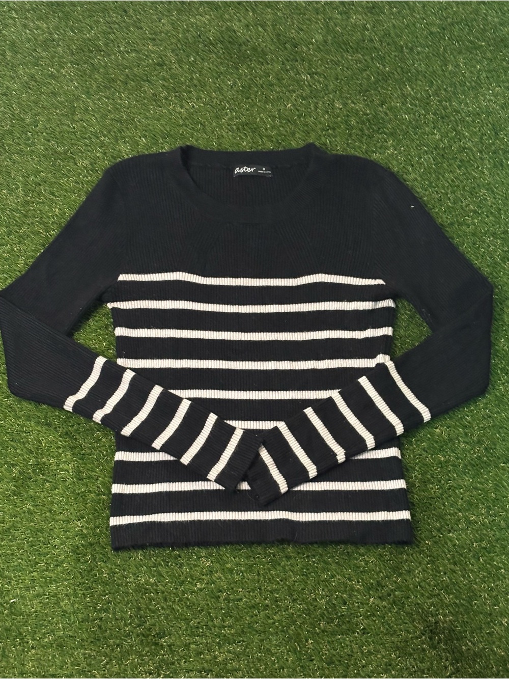 Aster Navy and White Stripe Ribbed Long-Sleeve Top